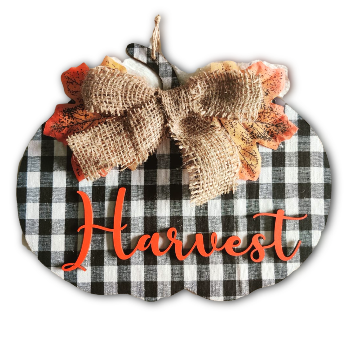 Harvest Pumpkin Theme Wooden Wall Art Styled With Jute Bow and Buffalo Print Wemy Store