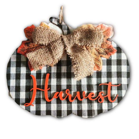 Harvest Pumpkin Theme Wooden Wall Art Styled With Jute Bow and Buffalo Print Wemy Store