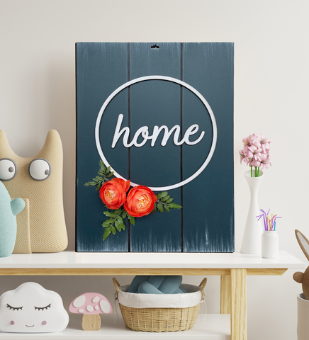 Home With Roses Rectangular Rustic Blue 3D Wooden Wall Art Wemy Store