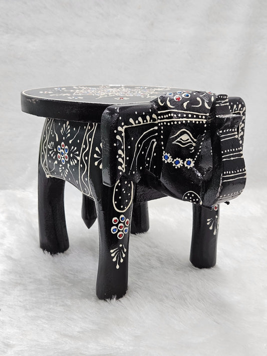 Wooden Black Printed Elephant Stool