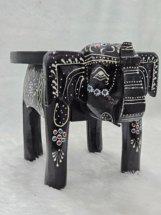 Wooden Black Printed Elephant Stool
