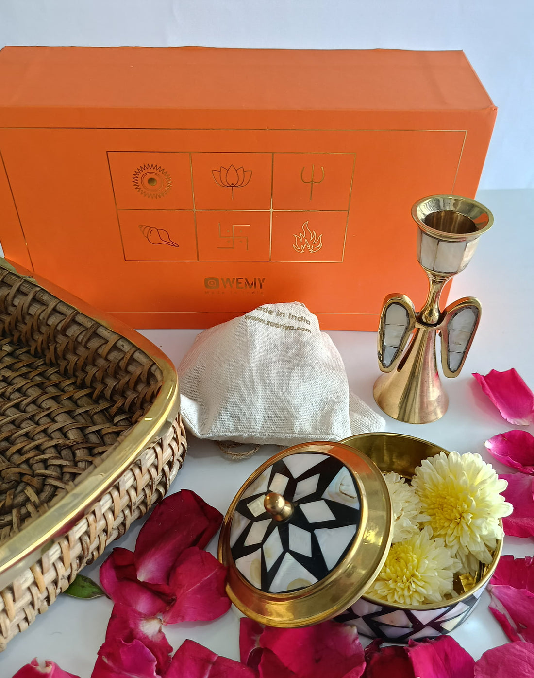 Mother of Pearl & Brass Trinket Box, Angel Candle Stand & Dry Fruit Pouch in a Rattan Basket
