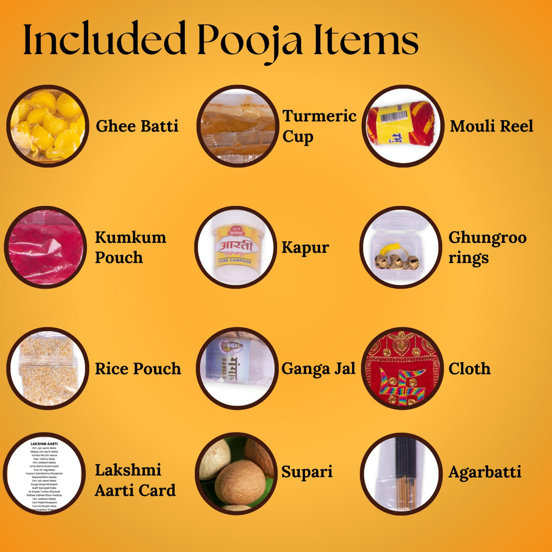 Complete Pooja Samagri Set with Ghee Batti, Haldi, Kumkum, Rice, Chandan, Lakshmi Aarti Card, Kapur, Mouli Reel, Ganga Jal, Supari, Cloth, Ghungroo Rings, and Agarbatti 