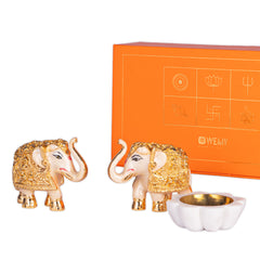 White Elephant with flower tealight Combo for Diwali Gifting & Pooja Room Decoration