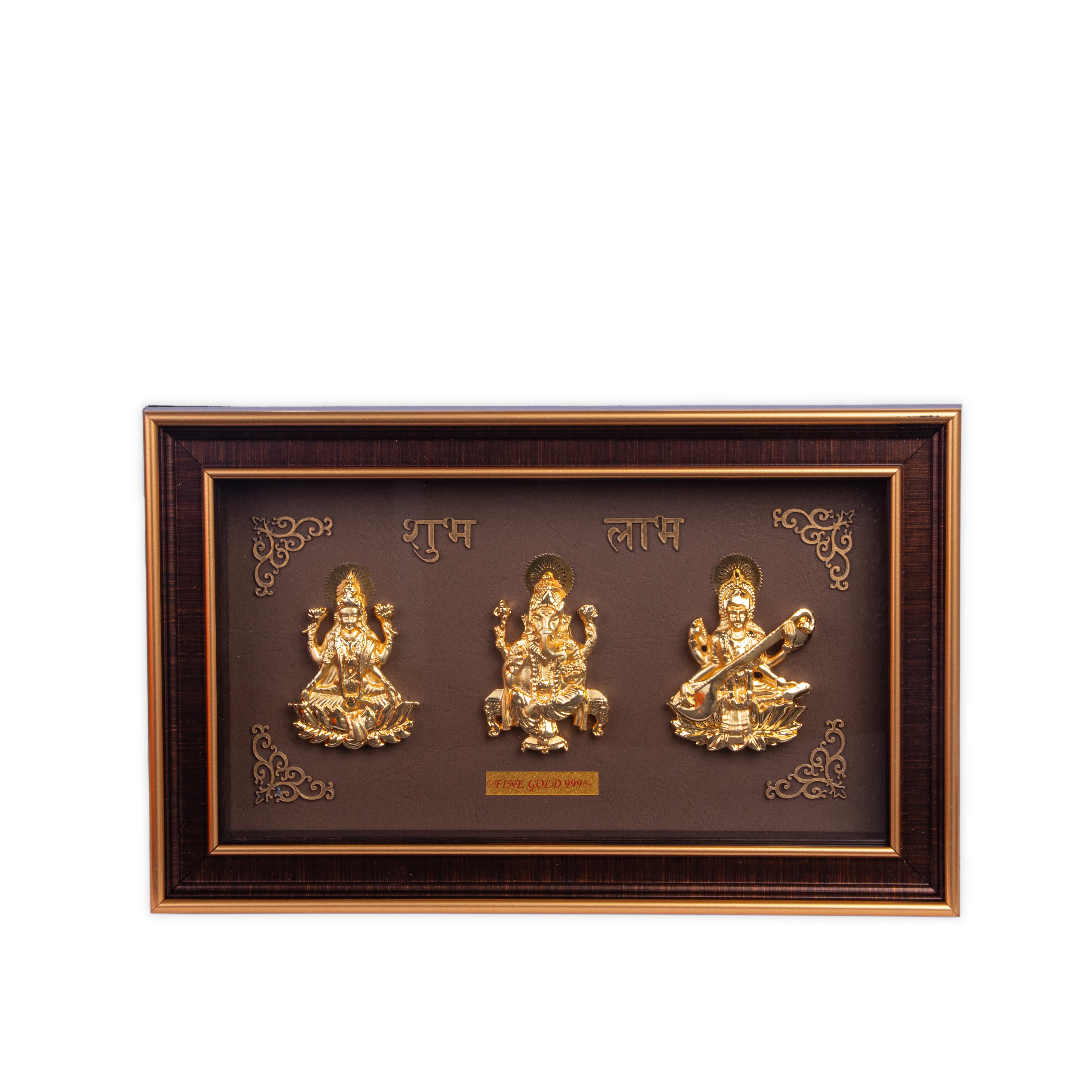 Golden Trimurti Frame for Home Decor and Gifting (Ganesha, Laxmi and Saraswati)