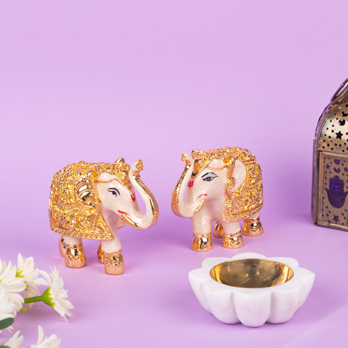 White Elephant with flower tealight Combo for Diwali Gifting & Pooja Room Decoration