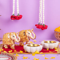 White Elephant and Flower tealight Combo for Diwali Gifting & Pooja Room Decoration