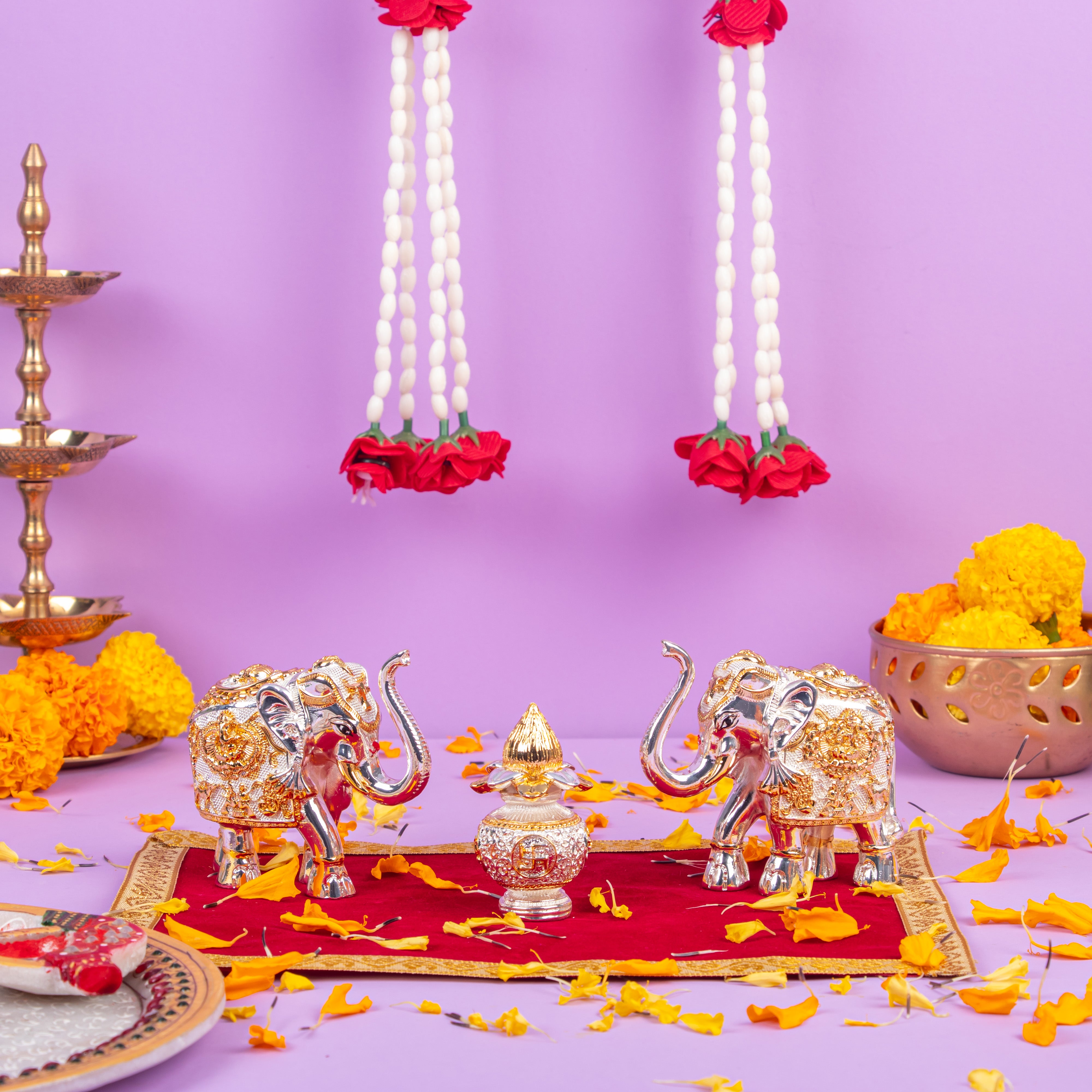 Silver Elephant Idols with Kalash Combo for Diwali Gifting & Pooja Room Decoration