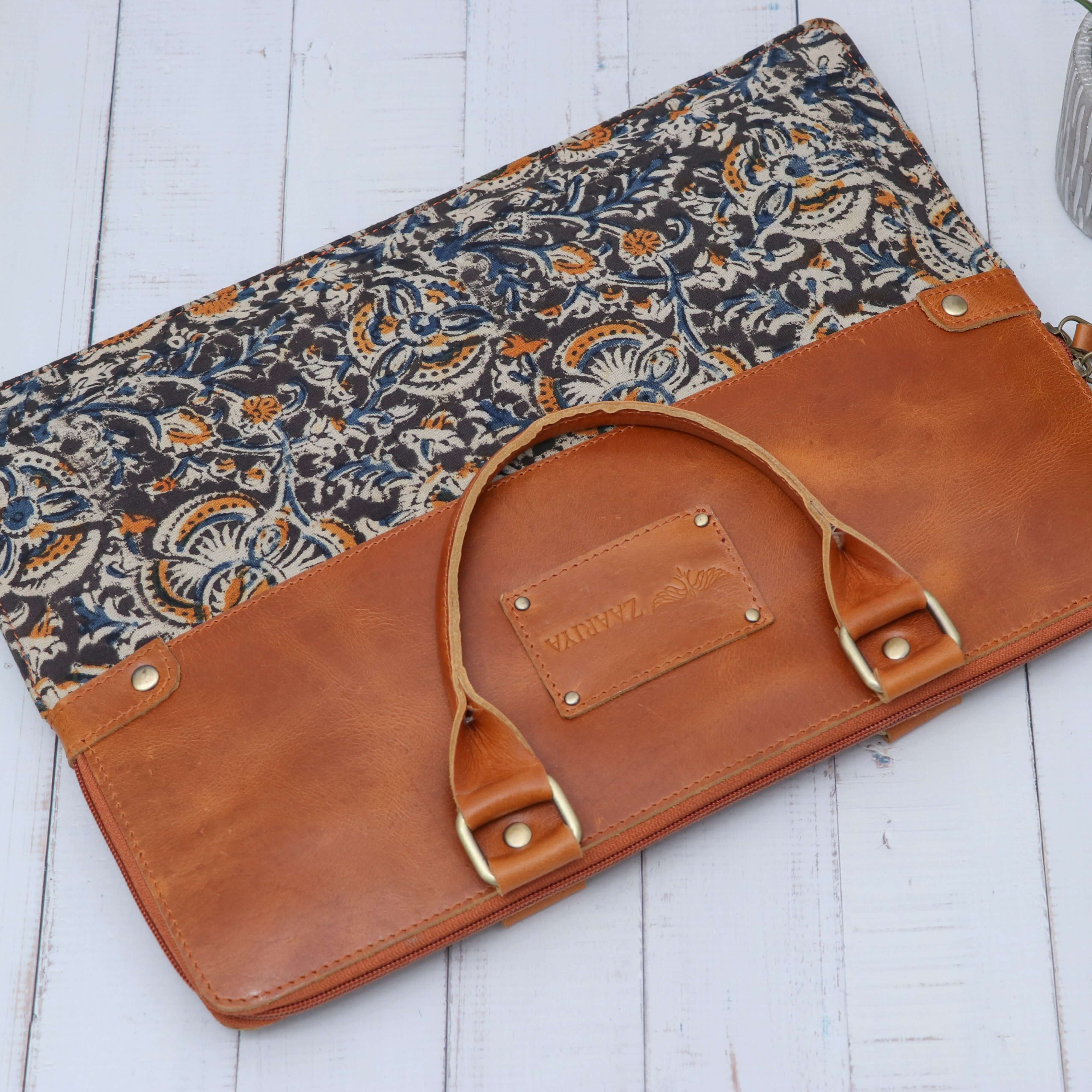 Hand Held Leather with block print laptop sleeve Dark Blue