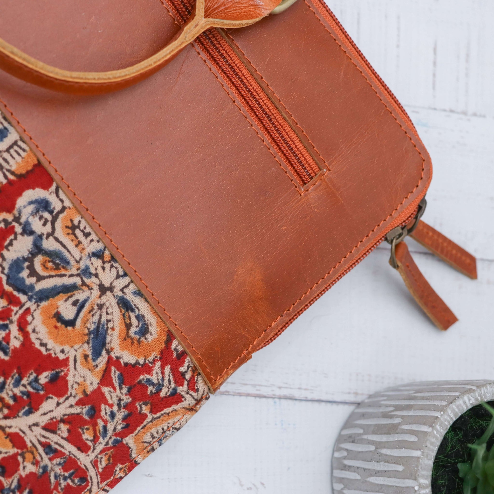 Hand Held Leather with block print laptop sleeve Maroon