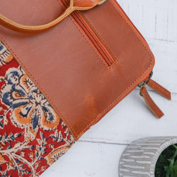 Hand Held Leather with block print laptop sleeve Maroon