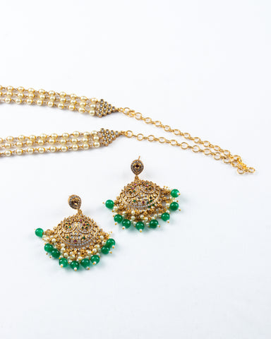 Zaariya White Pearl Cascade Necklace set with Green Pearl Pendant