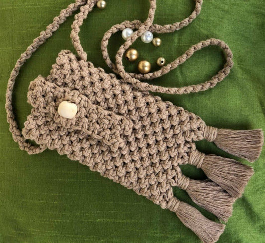 Macrame Phone Bag/Crossbody Pouch With Strap-Light Brown Wemy Store