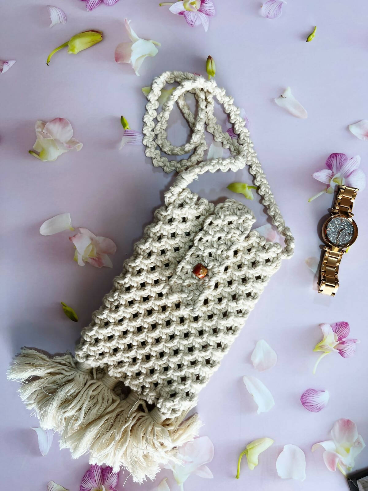 Macrame Phone Bag/Crossbody Pouch With Strap-Off White Wemy Store