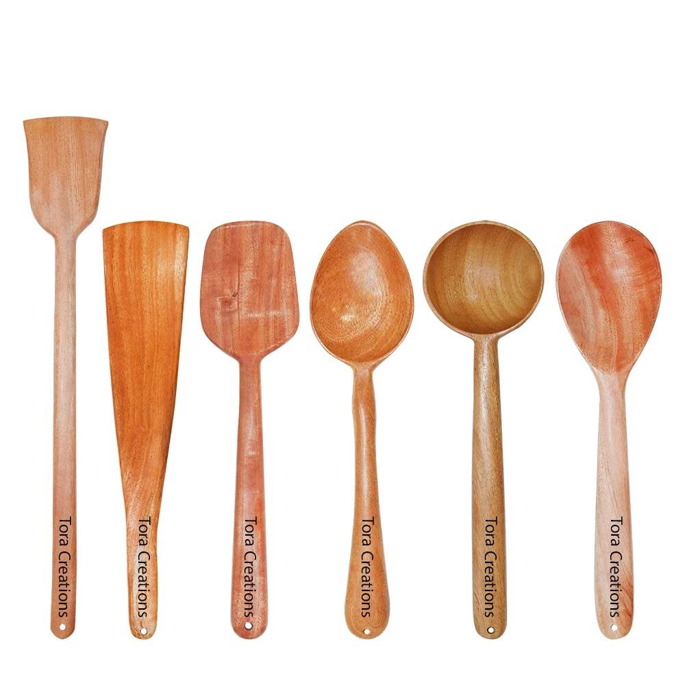 Neem Wooden Spatula/Ladles for cooking & Serving â€“ Thick, Long, Sturdy, Large [Set of 6] Wemy Store