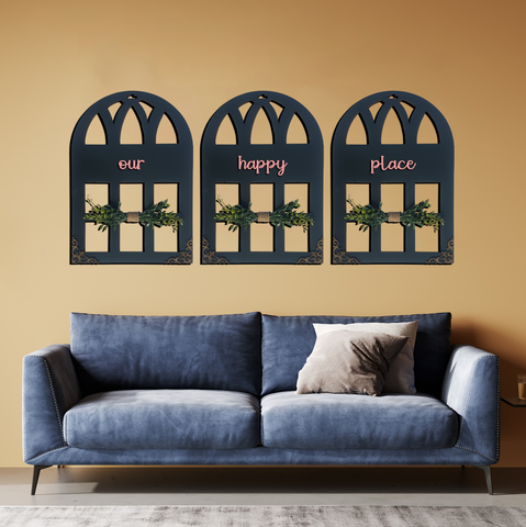 Our Happy Place Positive Affirmation Window Wall Art Stone Grey Set of 3 Wemy Store