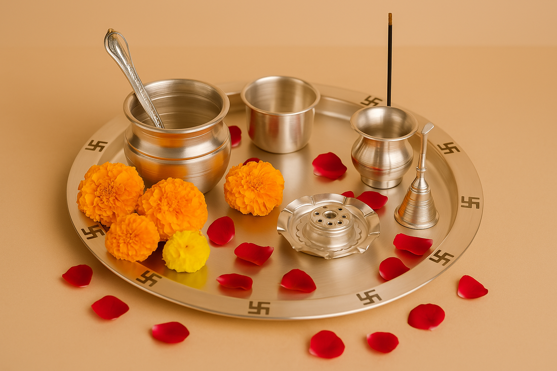 Decorative tray with religious items and flowers on a beige background