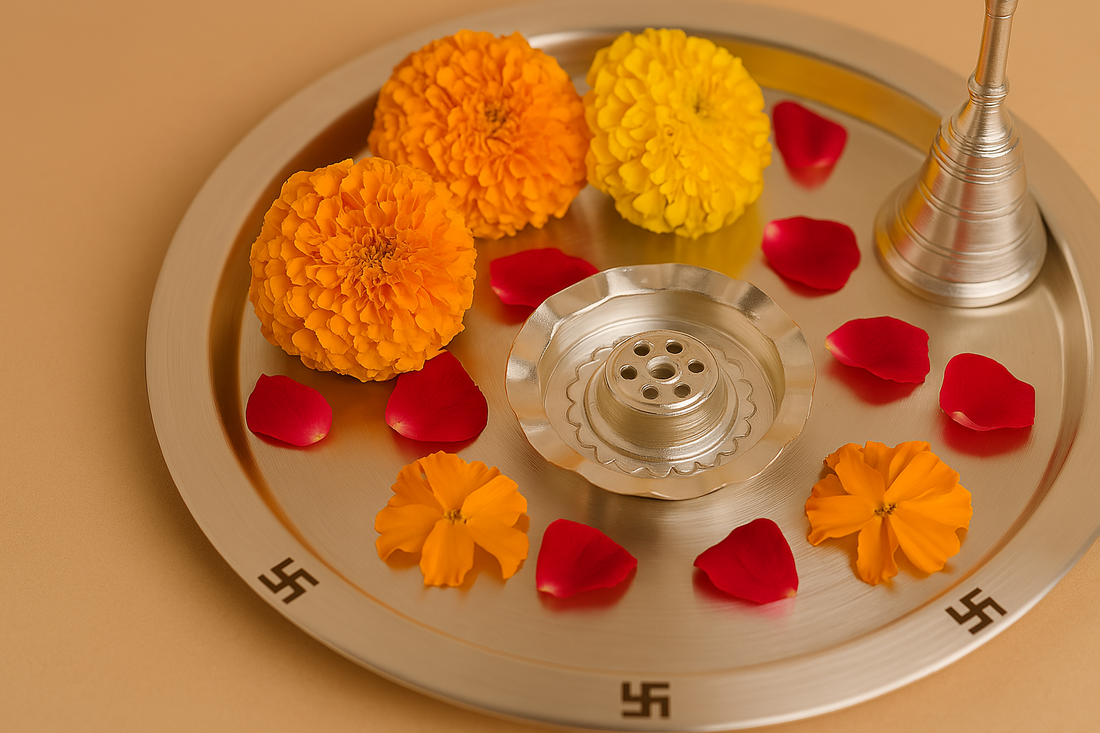 Decorative tray with religious items and flowers on a beige background