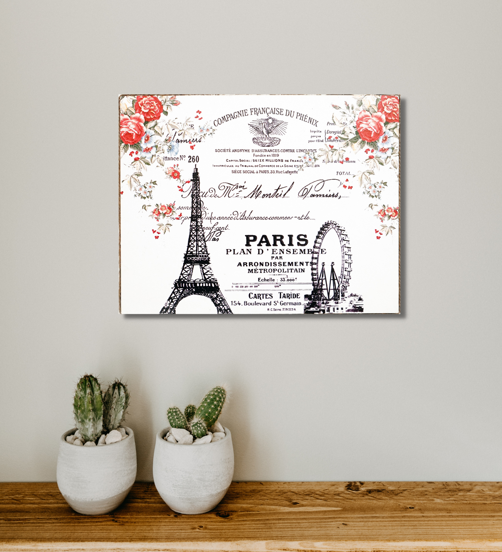 Rustic Paris Certificate With Eiffel Tower and Wheel Roller Wall Art Wemy Store