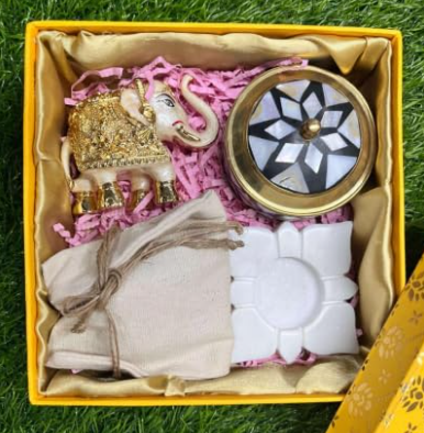 Marble Tea Light Holder, Pearl Enamel Trunk-up Elephant, Mother of Pearl & Brass Trinket Box & Dry Fruit Pouch