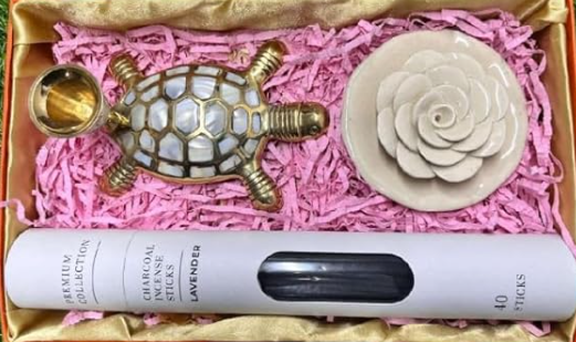 Premium Incense Sticks with Ceramic Rose Incense Holder & Mother of Pearl & Brass Turtle Candle Stand