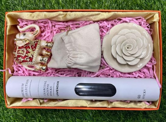 Incense Sticks with Ceramic Rose Incense Holder, Pearl Enamel Trunk-up Elephant & Dry Fruit Pouch