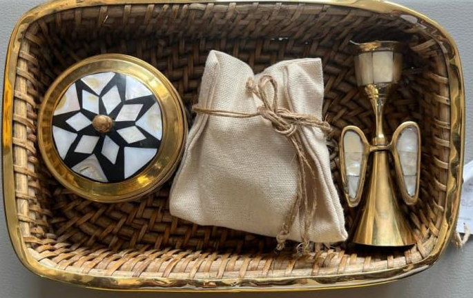 Mother of Pearl & Brass Trinket Box, Angel Candle Stand & Dry Fruit Pouch in a Rattan Basket
