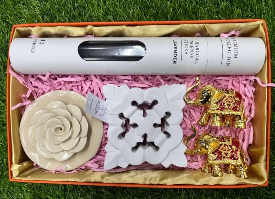 Incense Sticks with Ceramic Rose Incense Holder, Wooden Coaster & 2 Gold Plated Trunk Up Elephant Statues 
