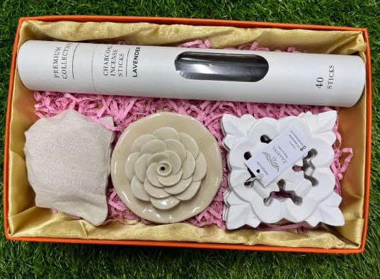Includes Incense Sticks with Ceramic Rose Incense Holder, 4 Wooden Coasters & Dry Fruit Pouch