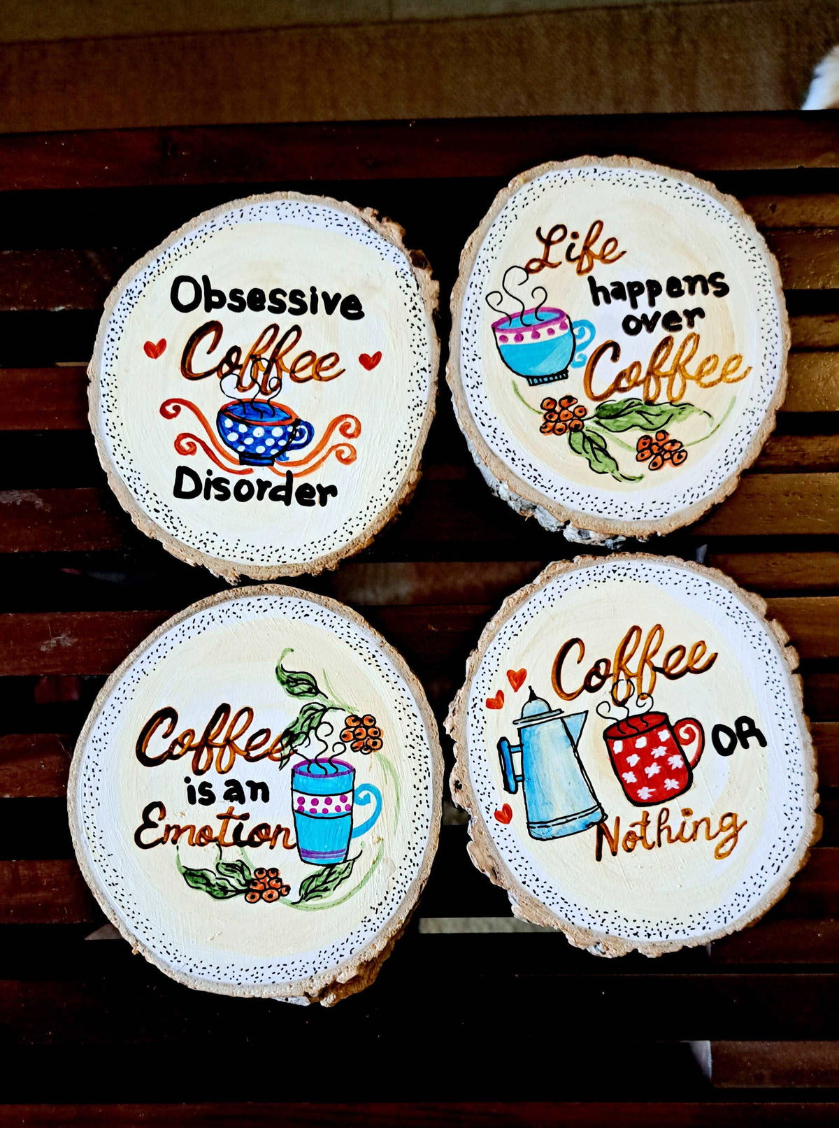 Set of 4 Handpainted Bark Coasters |Coffee Coasters | Quirky Coffee Coasters Wemy Store