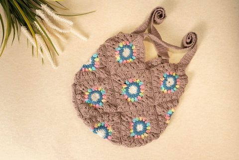 Shoulder Crochet Bag with Granny Squares-Mud Pink Wemy Store