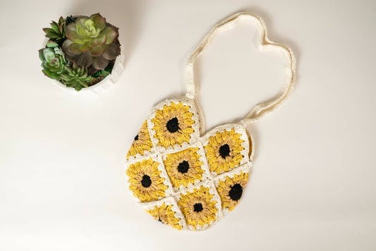 Shoulder Crochet Bag with Yellow Sunflower Squares Wemy Store