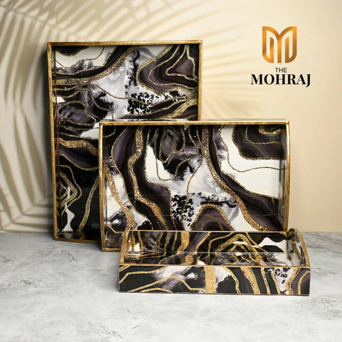 The Mohraj Abstract Monochrome Trays with Curved Handle Wemy Store
