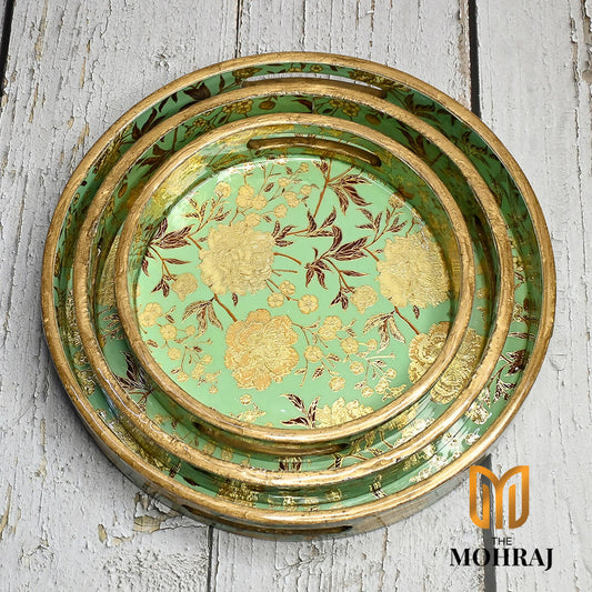 The Mohraj Green Floral Round Trays Wemy Store