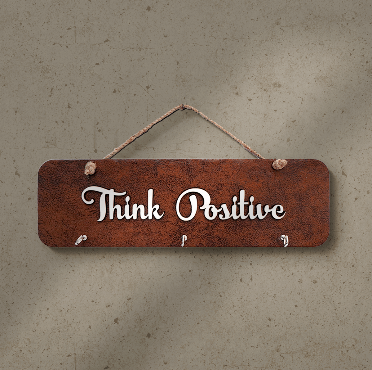 Think Positive Quote Leather Key Holder With 3 Hooks & Jute Rope Wemy Store