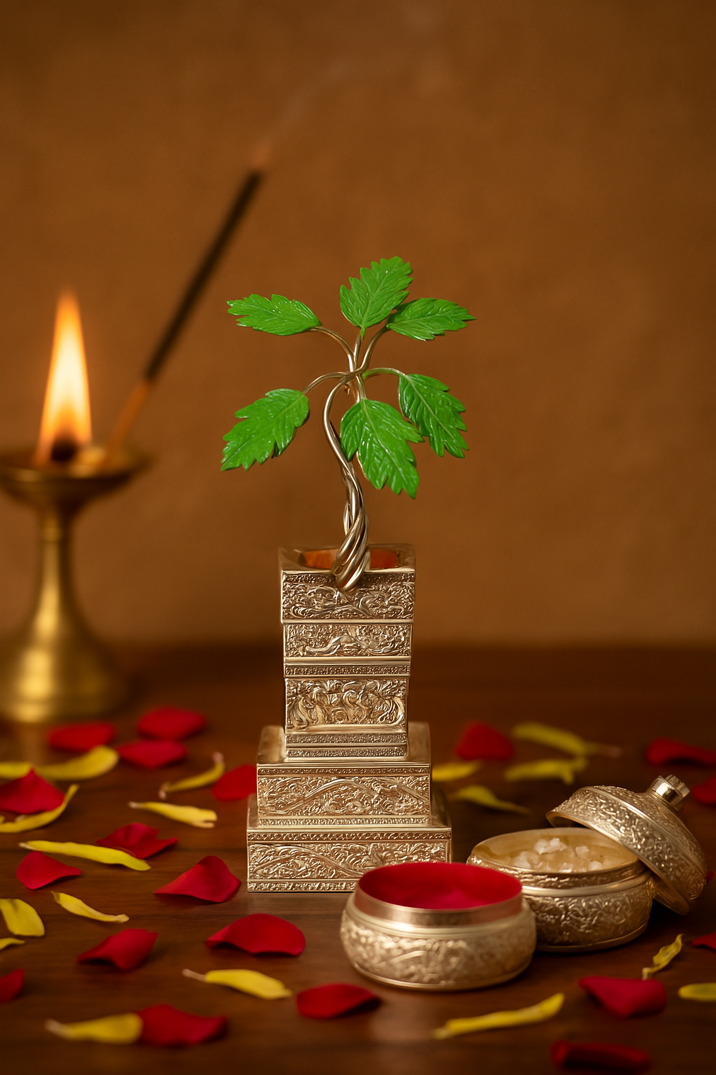 A decorative piece featuring an intricately designed metal stand with a small representation of a tulsi plant on top, surrounded by scattered flower petals and a lit Diya (Indian oil lamp) in the background.