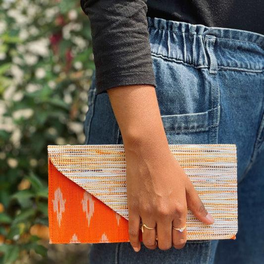Upcycled Handwoven Orange and White with Orange Ikat Clutch (CI0323-015) Wemy Store