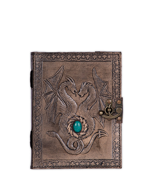 Handmade Leather Diary - Dragons with Turquoise Stone for Wisdom & Peace