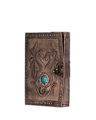 Handmade Leather Diary - Dragons with Turquoise Stone for Wisdom & Peace