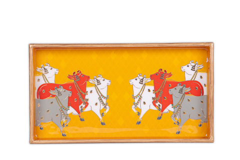 Wooden Pichwai Cow Tray
