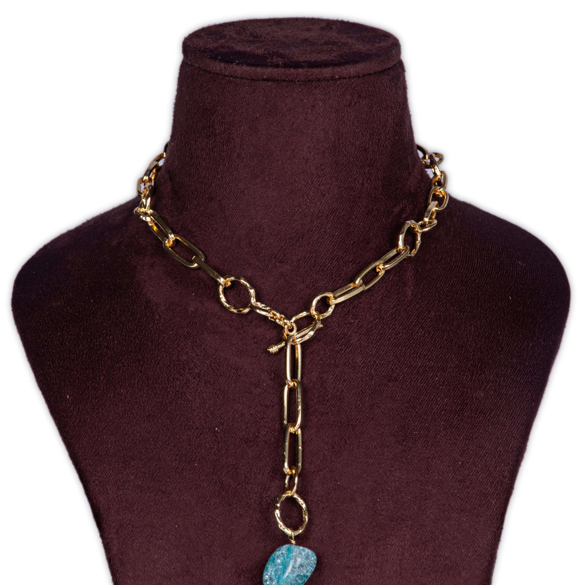 Zaariya- T-Bar Link Chain Long “Y” Necklace With Semi Precious Aqua Stone in Gold Finish