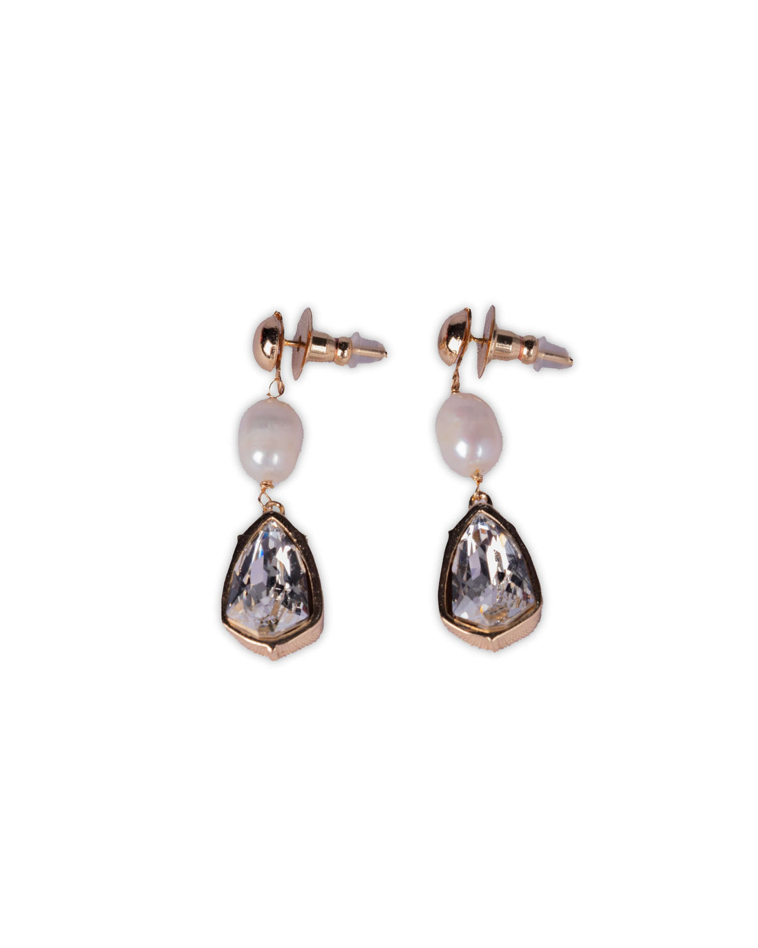 Zaariya- 2 Stone Swarovski Crystal Baroque Pearl Drop Earrings in Lt Gold Finish