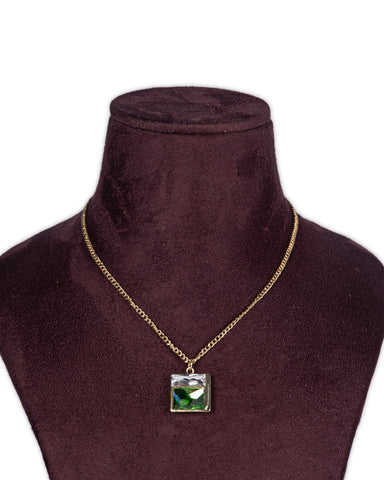Zaariya- Crystal Brass 2 Stone Pendant Necklace with Fine Brass Metal chain in Lt Gold Metal Finish (green)