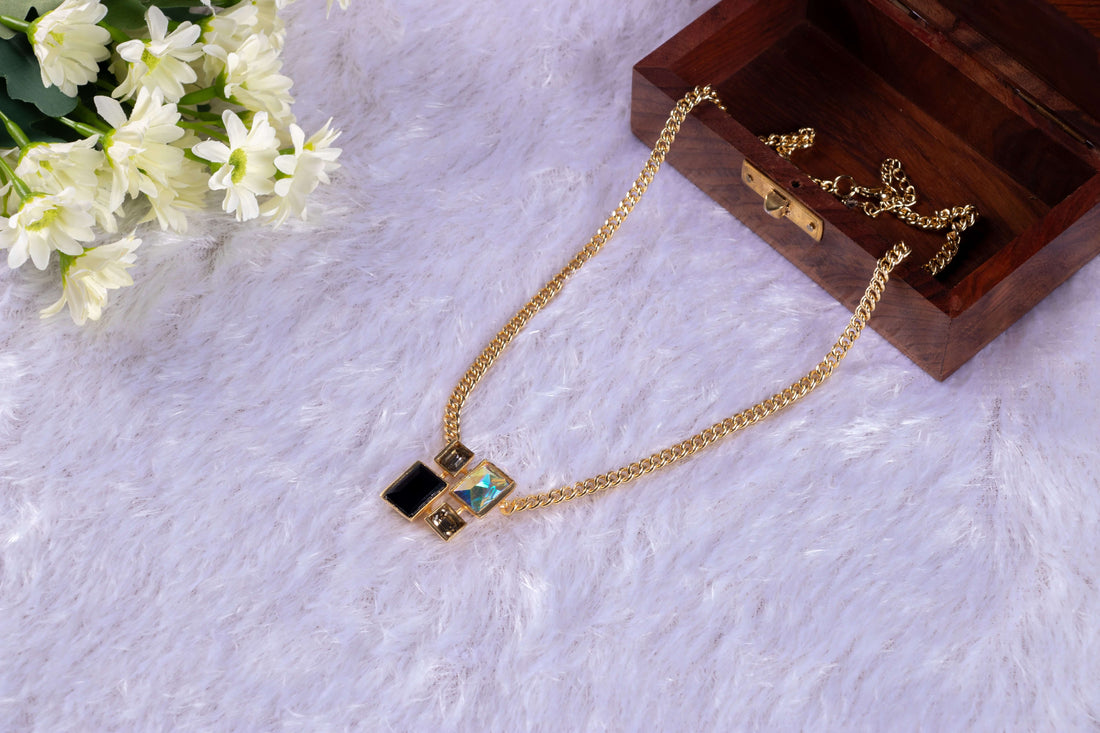 Zaariya- Swarovski Crystal Brass 4 Stone Pendant Necklace with Fine Brass Metal chain