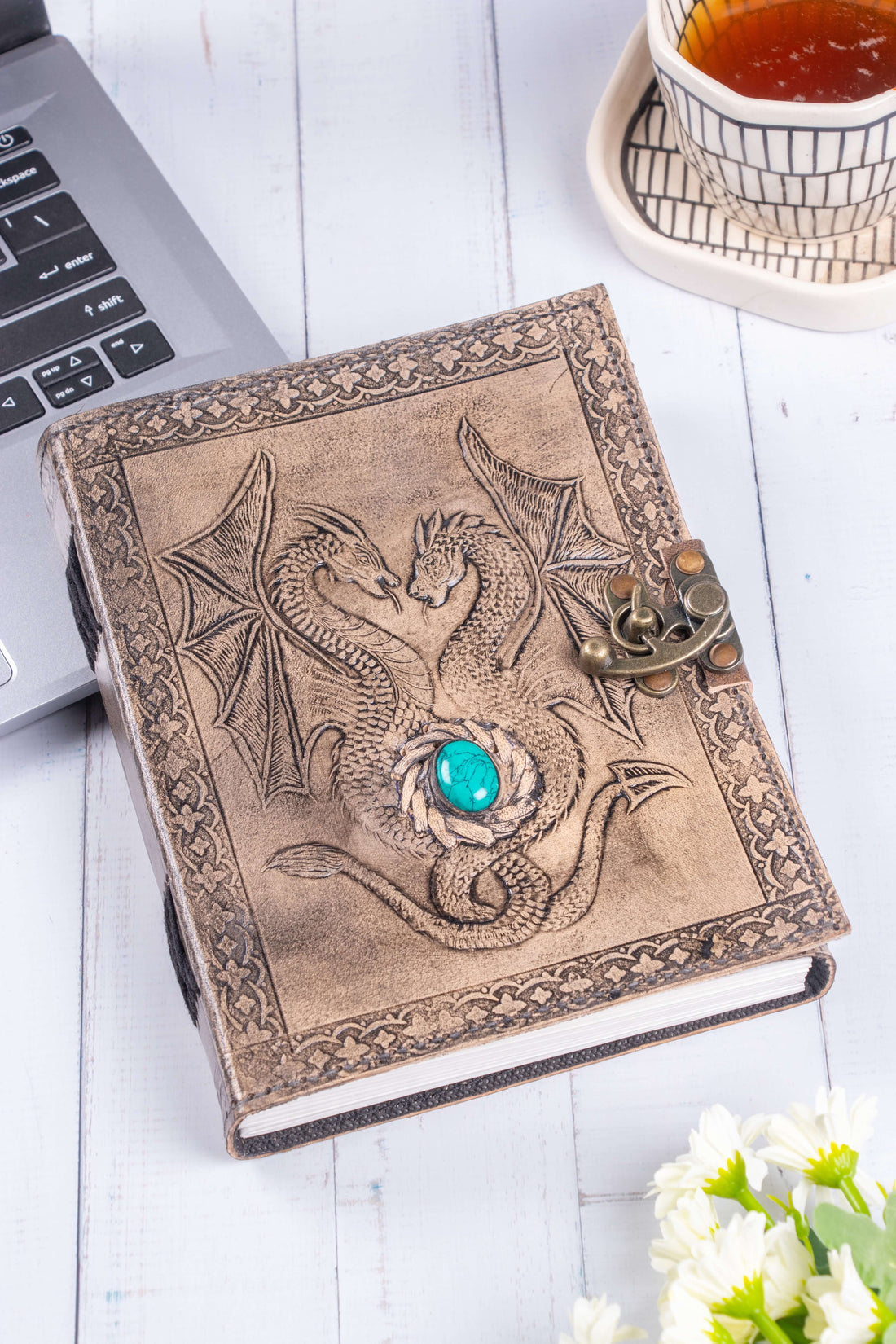 Handmade Leather Diary - Dragons with Turquoise Stone for Wisdom & Peace