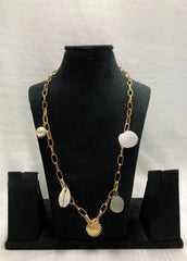 Zaariya Aqua Semi Precious Charm Shell Necklace with Baroque Real Pearl with Fine Brass Chain in 18K Gold Finish.