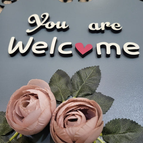 You Are Welcome Wooden Wall Hanging With Artificial Pink Roses and Leaves For Personalization Wemy Store