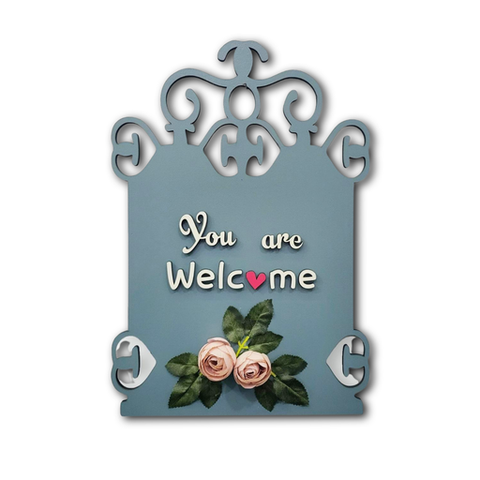 You Are Welcome Wooden Wall Hanging With Artificial Pink Roses and Leaves Wemy Store