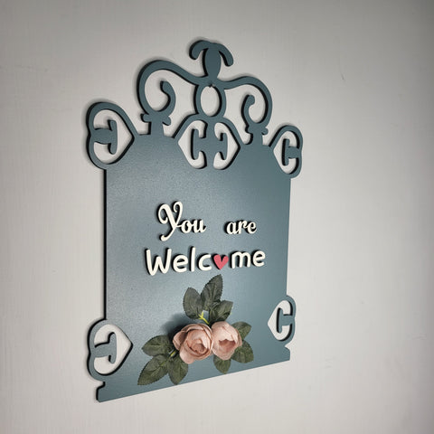 You Are Welcome Wooden Wall Hanging With Artificial Pink Roses and Leaves Wemy Store