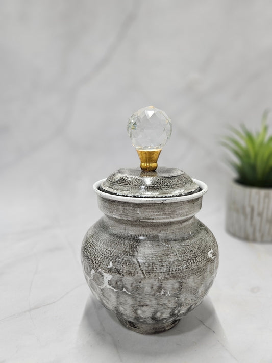 Grey Coloured textured Jar with Crystal Lid